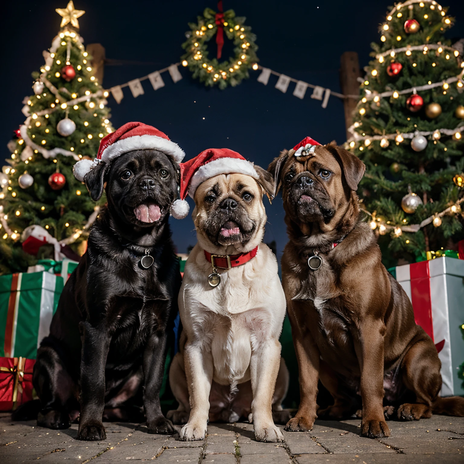 Realistic Christmas theme with Santa clause in a sleight with two Saint Bernards dogs, a white and grey standard poodle dog, a black lab dog and a dark brown pug dog. All dogs are wearing Christmas bandanas around their necks. One Saint Bernard has one blue eye. There are Christmas trees light up with lights in the background. The dogs are all the same height except for the pug who is a third of the other dogs size. Santa is jolly and kind.
