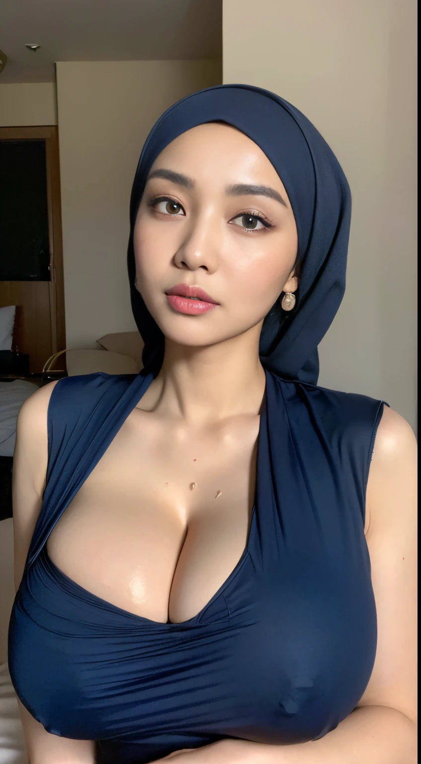 (Best quality, 8k, 32k, Masterpiece, UHD:1.3),Photo of mature malay woman, wearing hijab, 1girl, ((Huge breasts :1.5)), (abs, slender figure, perfect body :1.2), (wet dark blue erotic dress: 1.1), (indoor, night :1.2), lay down on bed, ultra-detailed face, detailed lips, detailed eyes, double eyelid