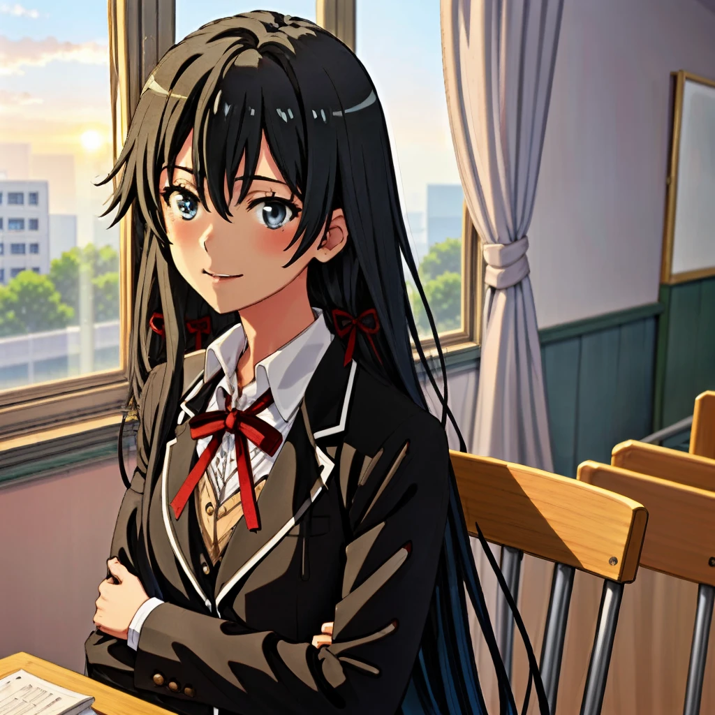 1GIRL , Yukinoshita yukino , Yukinoshita yukino,woman in formal attireactive suit tuxedo tailcoat standing in a large alcove in the room, 1girl, solo, necktie, black hair, blue eyes, long hair, smile, jacket, looking at viewer, shirt, pants, blue necktie, collared shirt, white pants, white shirt, indoors, bangs, long sleeves, closed mouth, window, black jacket, blush, cowboy shot, formal, suit, full body