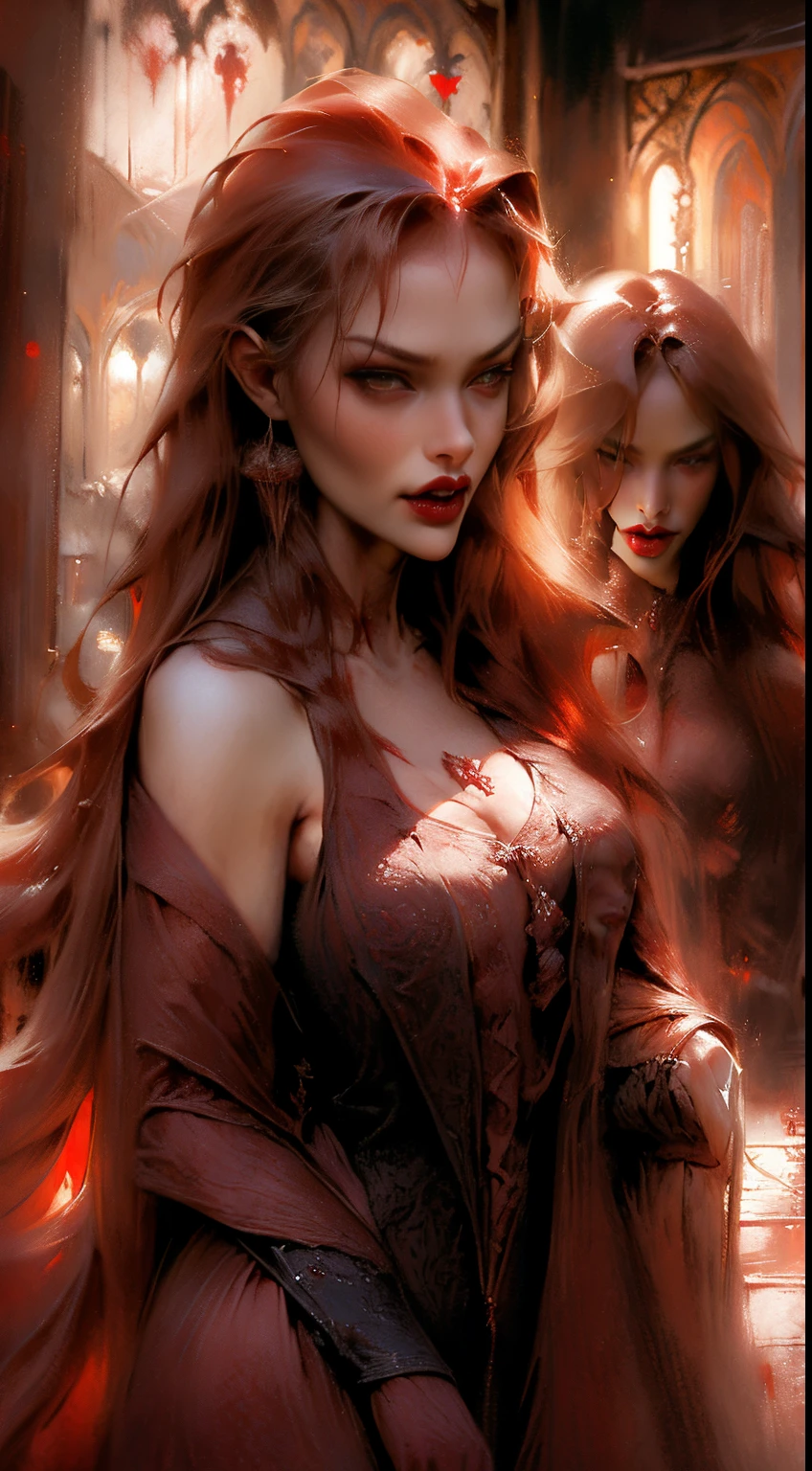 Anime style, night, mature adult woman frontal naked, nude condess, she have a evil look, red lips, tooth like vampires, long redhead hair, red eyes, red dress. Colonial mabient, big saloon colonial with stairs, window and moon