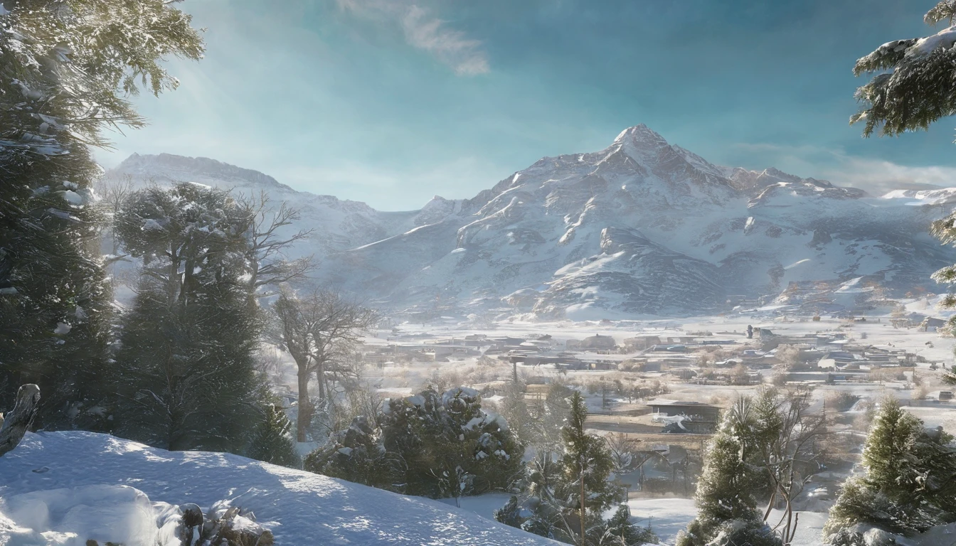 snow mountains,blue-sky,(Ultra-realistic scene 1.3)(Extreme Light and Shadow 1.3)(Aurora Tracking 1.3)Super real,cinematic Film still from,alps,(It covers a vast and tender green savannah1.3),(The proportion of mountains and grasslands is about 1:3)There are people traveling in the distance,The warm sun shines directly on the snow-capped mountains,