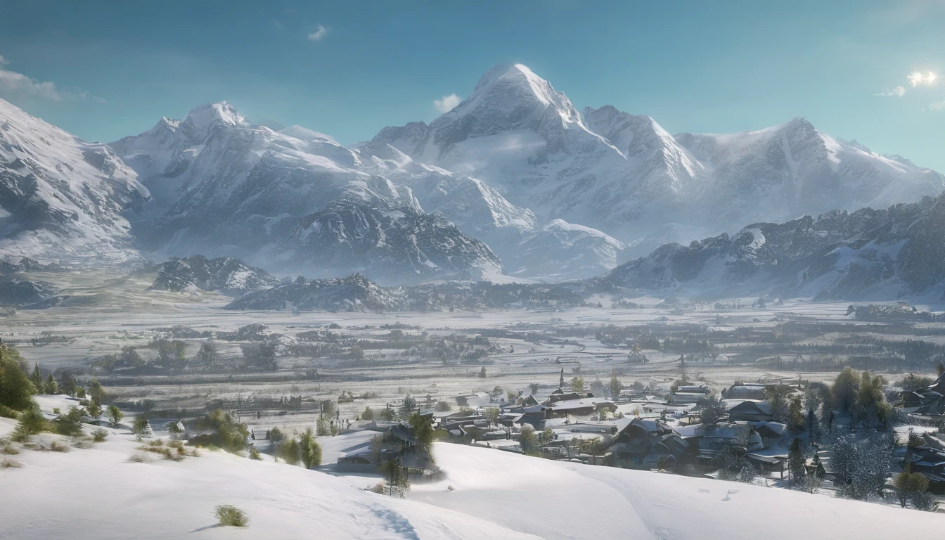 snow mountains，blue-sky，（Ultra-realistic scene 1.3）（Extreme Light and Shadow 1.3）（Aurora Tracking 1.3）Super real，cinematic Film still from，alps，（It covers a vast and tender green savannah1.3），（The proportion of mountains and grasslands is about 1:3）There are people traveling in the distance，The warm sun shines directly on the snow-capped mountains，