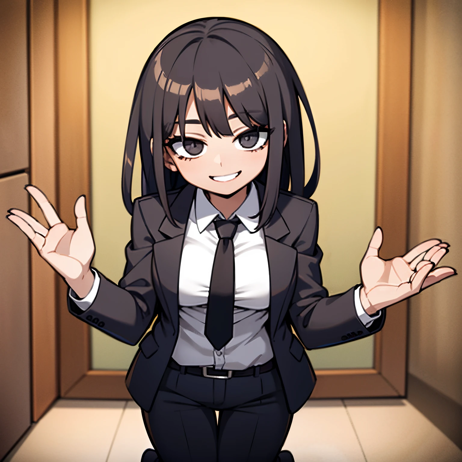 ung woman, black hair, dark black suit, white shirt, complet suit, makima, full body, smiling in a office, 4k, masterpiece