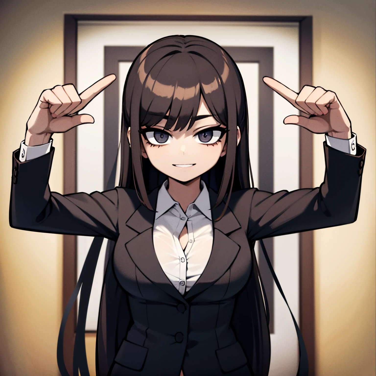 A young woman with black hair dressed in a dark black suit and white shirt, standing confidently in an office. She is wearing a complete suit and exudes a professional aura. Her name is Makima. The scene is captured in high resolution (4k) to showcase the incredible details. The image is a masterpiece, showcasing the talent and artistry involved in its creation. The woman is smiling, radiating a sense of contentment and success in her career.