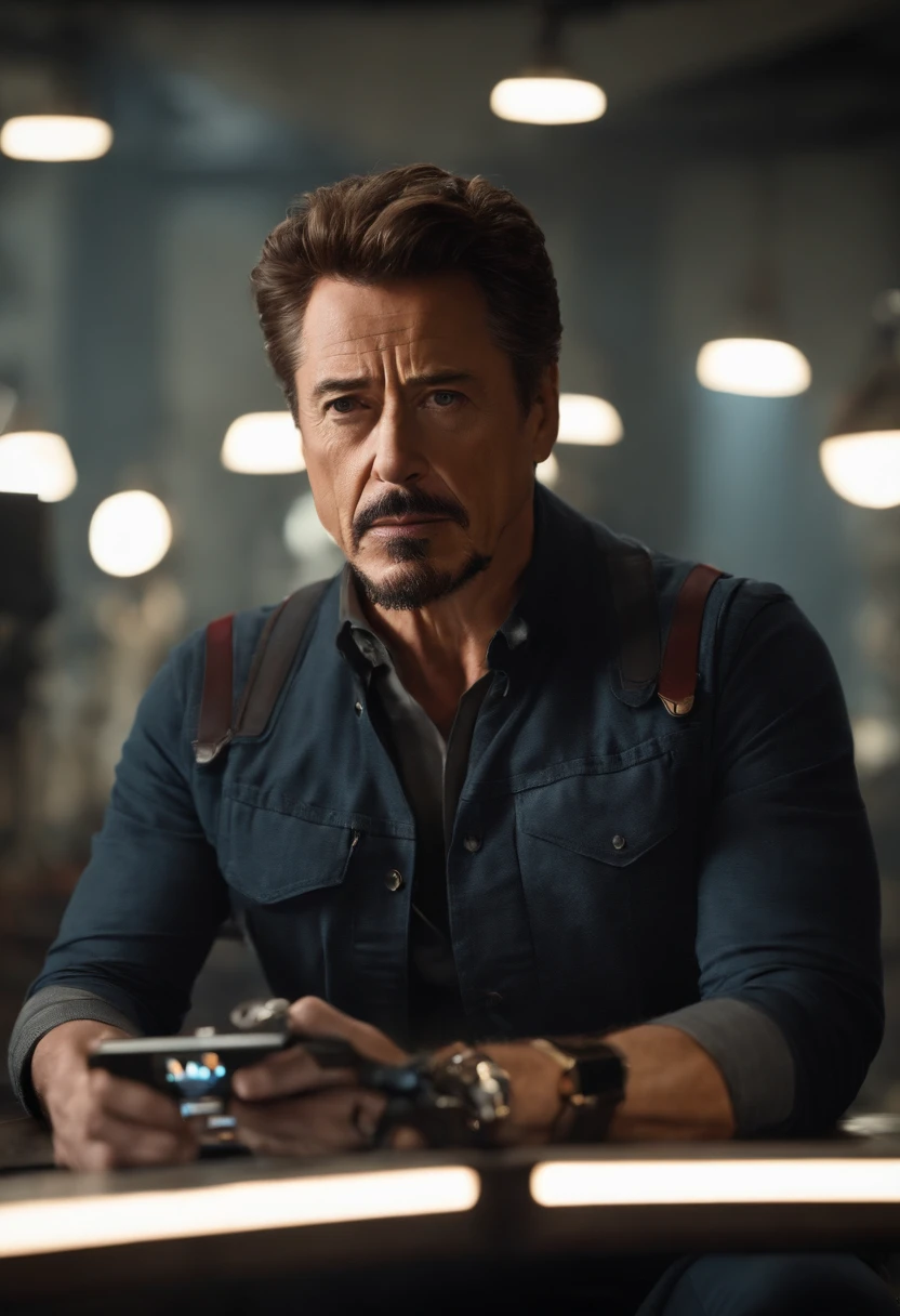 A photo of Tony Stark tinkering with a new gadget in his workshop,Marvel Cinematic Universe,Stark is typically depicted as handsome and stylish, with neatly groomed facial hair, a sophisticated sense of fashion, and a well-built physique reflective of his status and personality. His appearance is frequently complemented by the latest technology, from his Arc Reactor chest piece to his cutting-edge Iron Man suits, symbolizing his innovative prowess and the armor he uses in more ways than one., male