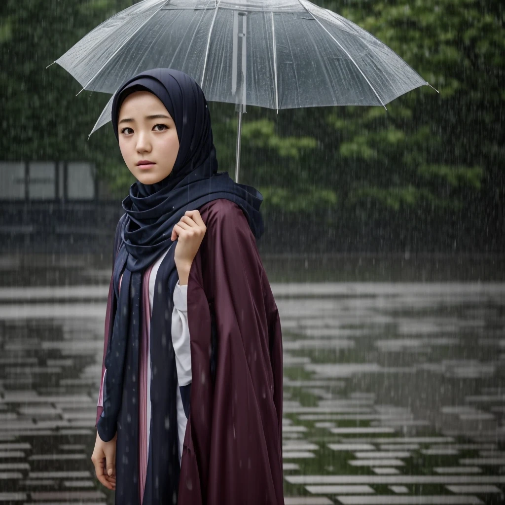 , Saori Minami, ( Ran Mouri 1.3), wearing hijab scarf, sad moment, standing in the rain, cinematic scene, masterpiece, 4k hd, 8k hd