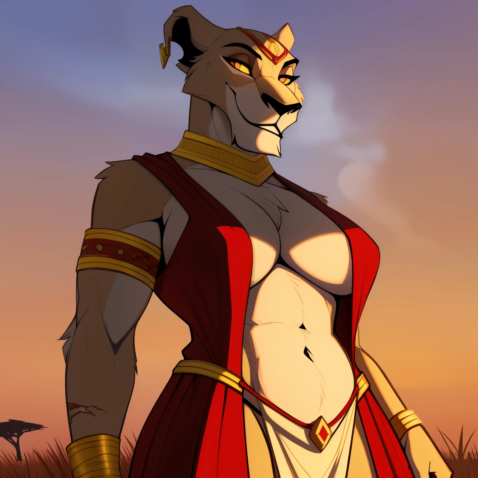 Tall_muscular_mature_lion female scars slight_belly red_irises yellow_sclera hazy_sky savanna solo Masterpiece best_quality absurdres highly_detailed cleanly_drawn_eyes anthro_only by_claweddrip, by_greasymojo, by_underscore-b, by_runawaystride circlet bracers gorget neck_hoops hoop_earrings medieval_gown smile