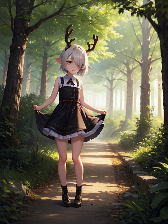 HDR, Excellent quality, 1. A girl, (standingn:1.4) sideways, leg bent at the knees, One arm raised up, petite curvy ,one eye covered, deer ears, Deer tail, short tail, One Tail, with a beautiful face, ssmile, woods
