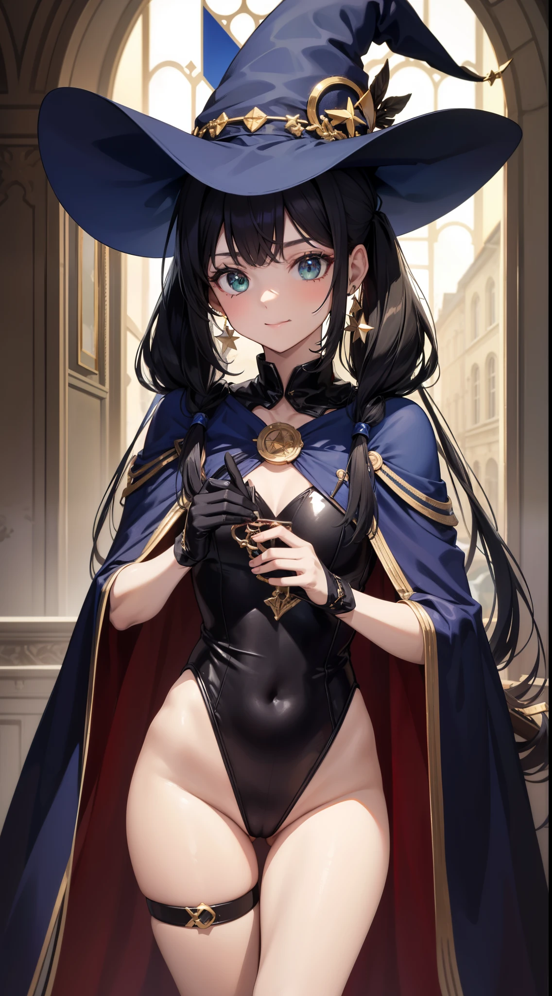 1girl, twintails, long hair, witch hat, pantyhose,gloves, black hair, choker, jewelry, cape, gold trim, blue leotard,earrings, detached sleeves, star (symbol), hat ornament, green eyes, fur collar, parkle print, sorriso sexy, decote, apalpando os seios, sorriso sexy, (alta qualidade, 8k, obra prima, qualidade ultra, extremamente detalhado, bem colorido, no blurries, foco absoluto, Impeccable quality) 1girl, calcinha de perna alta, jaqueta com capuz, jaqueta aberta, Hands, sbikini, best quality, altamente detalhado