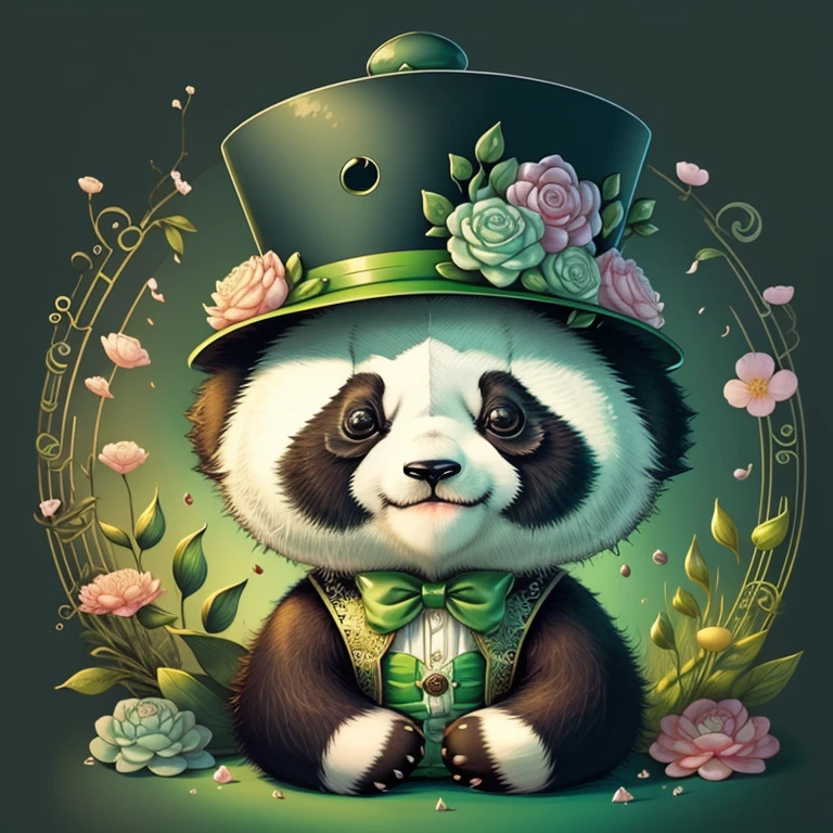 (cute baby panda with a green top hat with flowers), Munchkin ,Geometric multidimensional wall portrait, livro de arte, Tchibi,
Yang08k, Beautiful, Colouring,
Obras, of the highest quality, best quality, Arte Oficial, Beautiful and Aesthetic,
