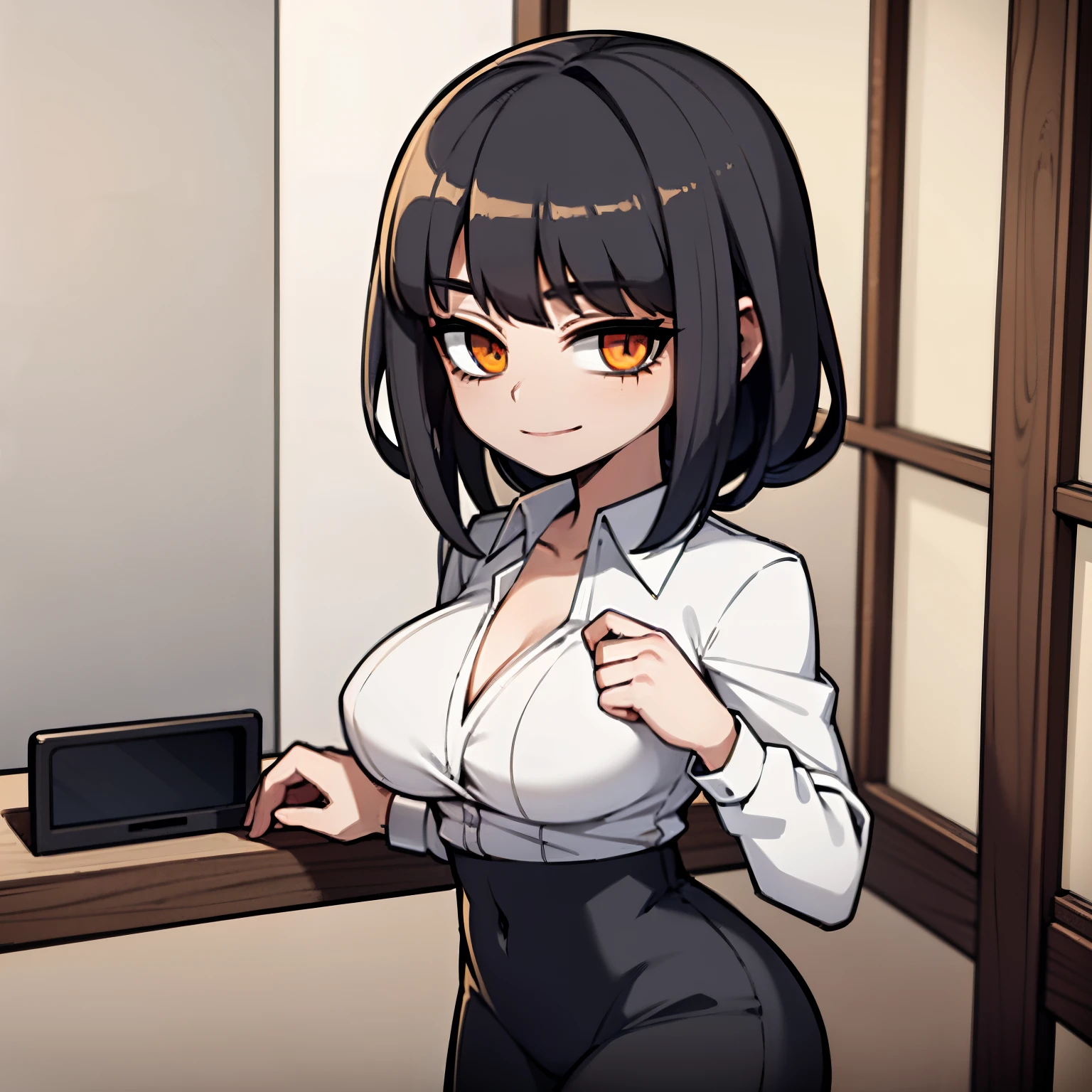 1 young woman, black hair, dark black suit, white shirt, complet suit, makima, full body, smiling in a office, 4k, masterpiece