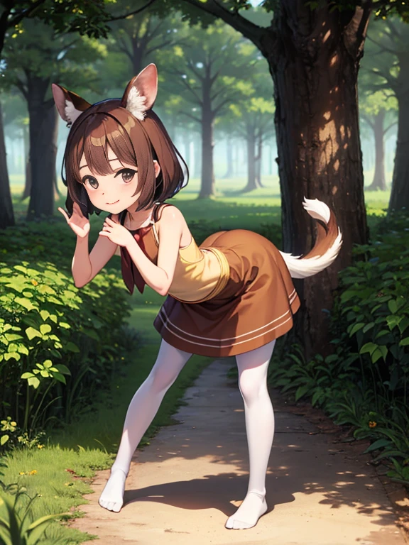 HDR, Excellent quality, 1. A girl, (standingn:1.4) sideways, leg bent at the knees, (pantyhouse:1.3), (no shoes):1.2, One arm raised up, petite curvy loli,one eye covered, deer ears, Deer tail, short tail, One Tail, with a beautiful face, ssmile, woods