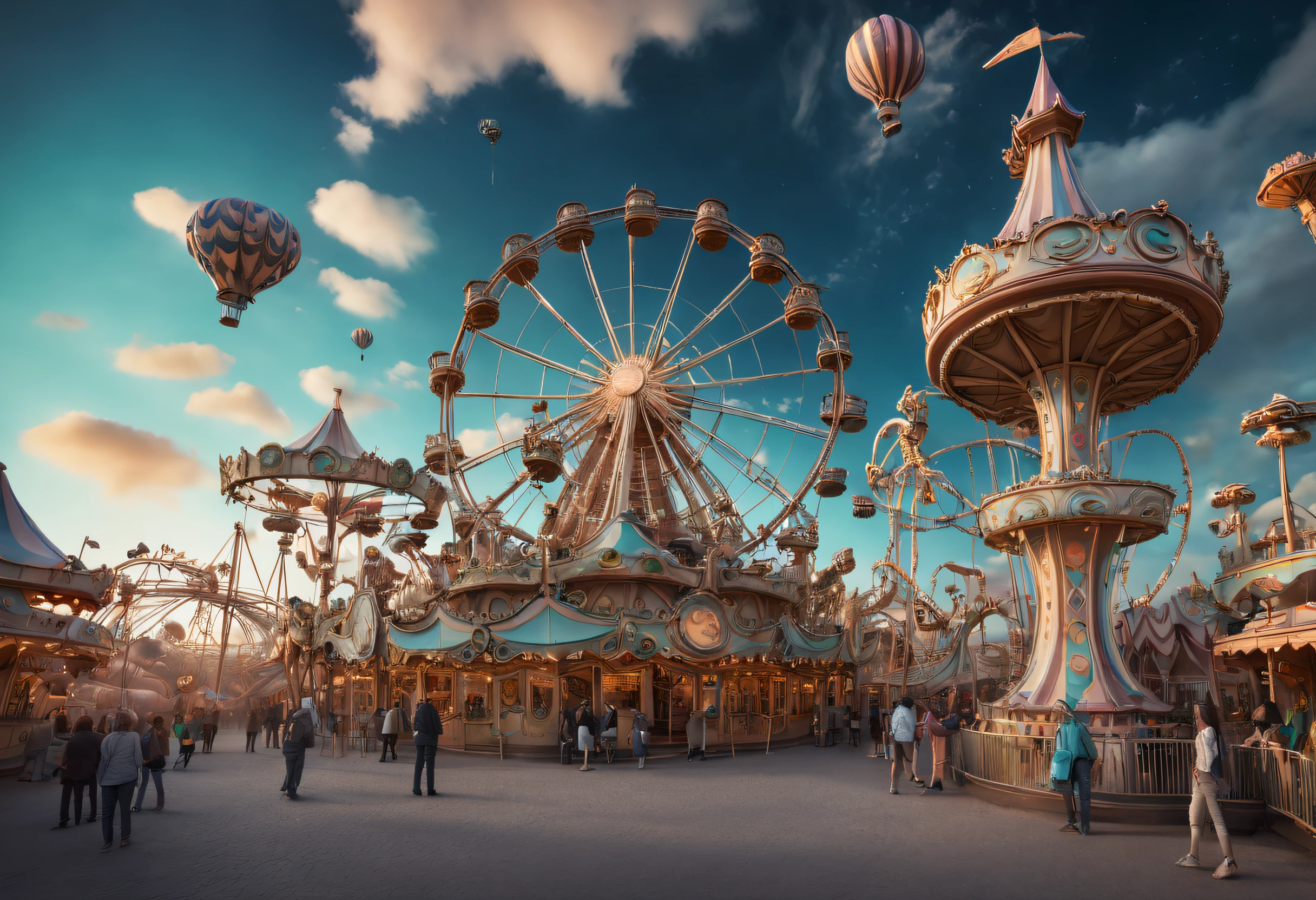 A mysterious amusement park in a surreal dreamscape, distorted reality with twisted roller coasters and floating carousels, a surreal sky blending day and night, an otherworldly environment evoking a sense of wonder and awe, Sculpture, clay modeling, surrealistic elements