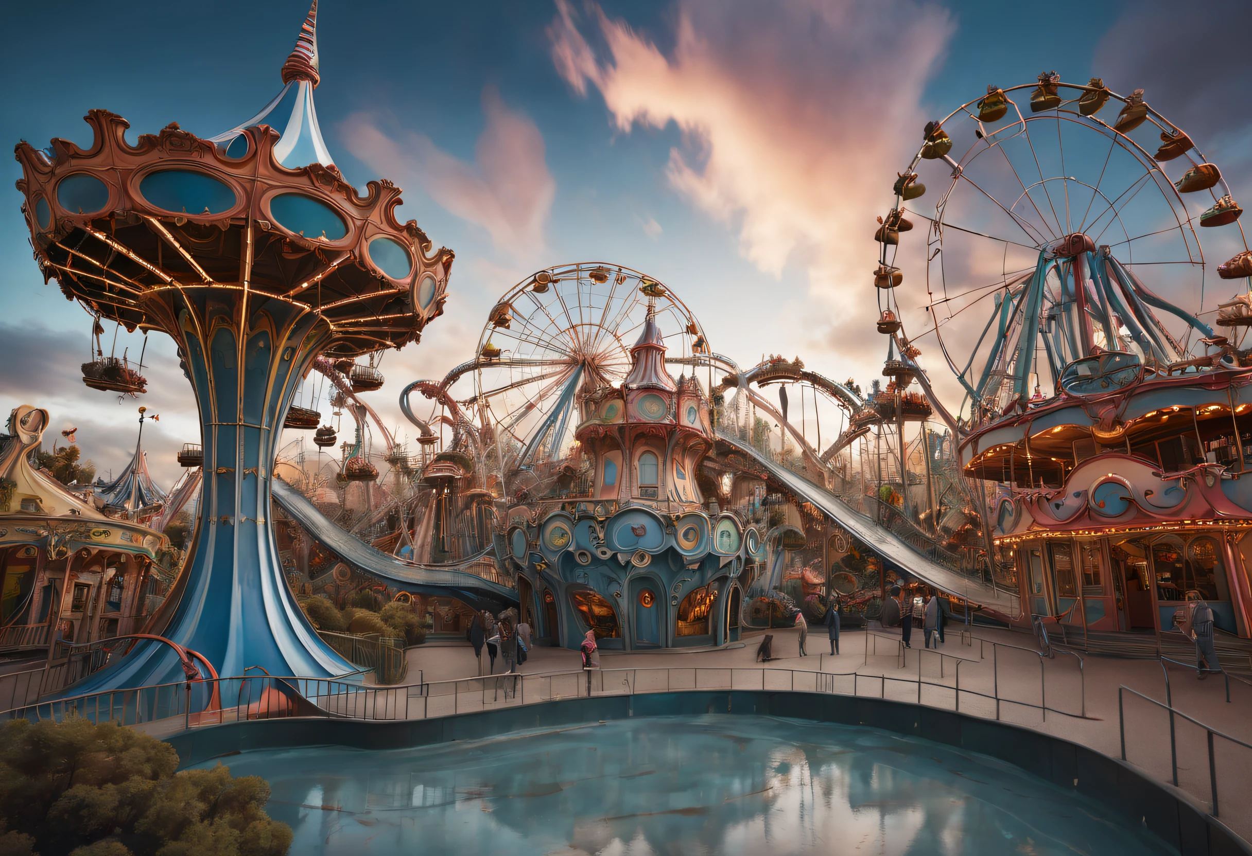A mysterious amusement park in a surreal dreamscape, distorted reality with twisted roller coasters and floating carousels, a surreal sky blending day and night, an otherworldly environment evoking a sense of wonder and awe, Sculpture, clay modeling, surrealistic elements