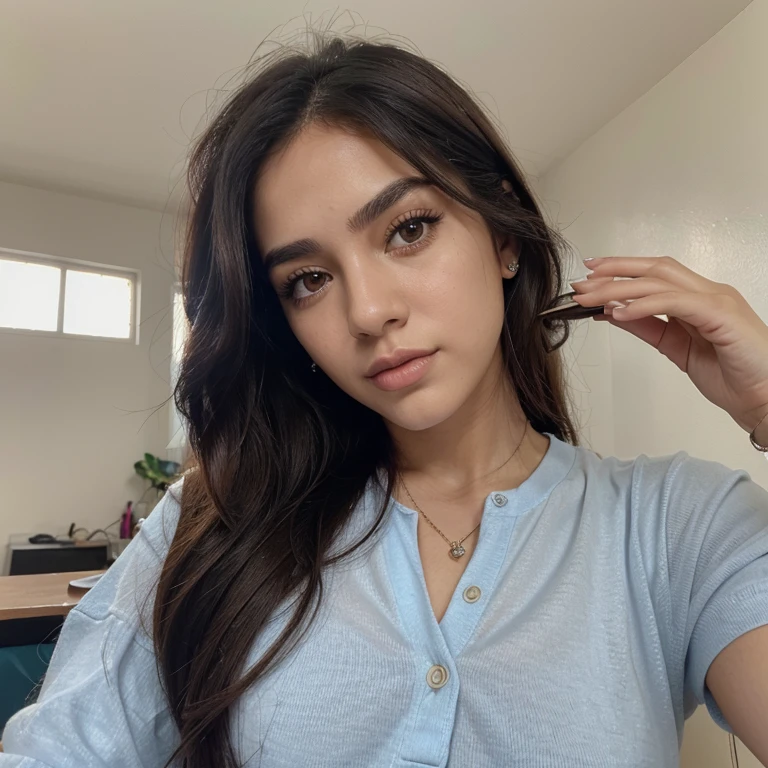 21 Year Old Woman, cabello largo rubio casi dorado, long eyelashes and perfect eyebrows, ojos azules, nariz bonita, hiper realista, la mejor calidad, foto retrato, que este vestida con un estilo de ropa softcore