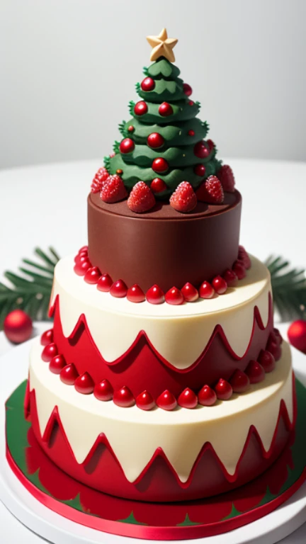 A Christmas tree-inspired cake made with strawberries and chocolate、Christmas、santa claus、reindeer、It looks delicious、cute illustration、Hand-drawn illustration、White background
