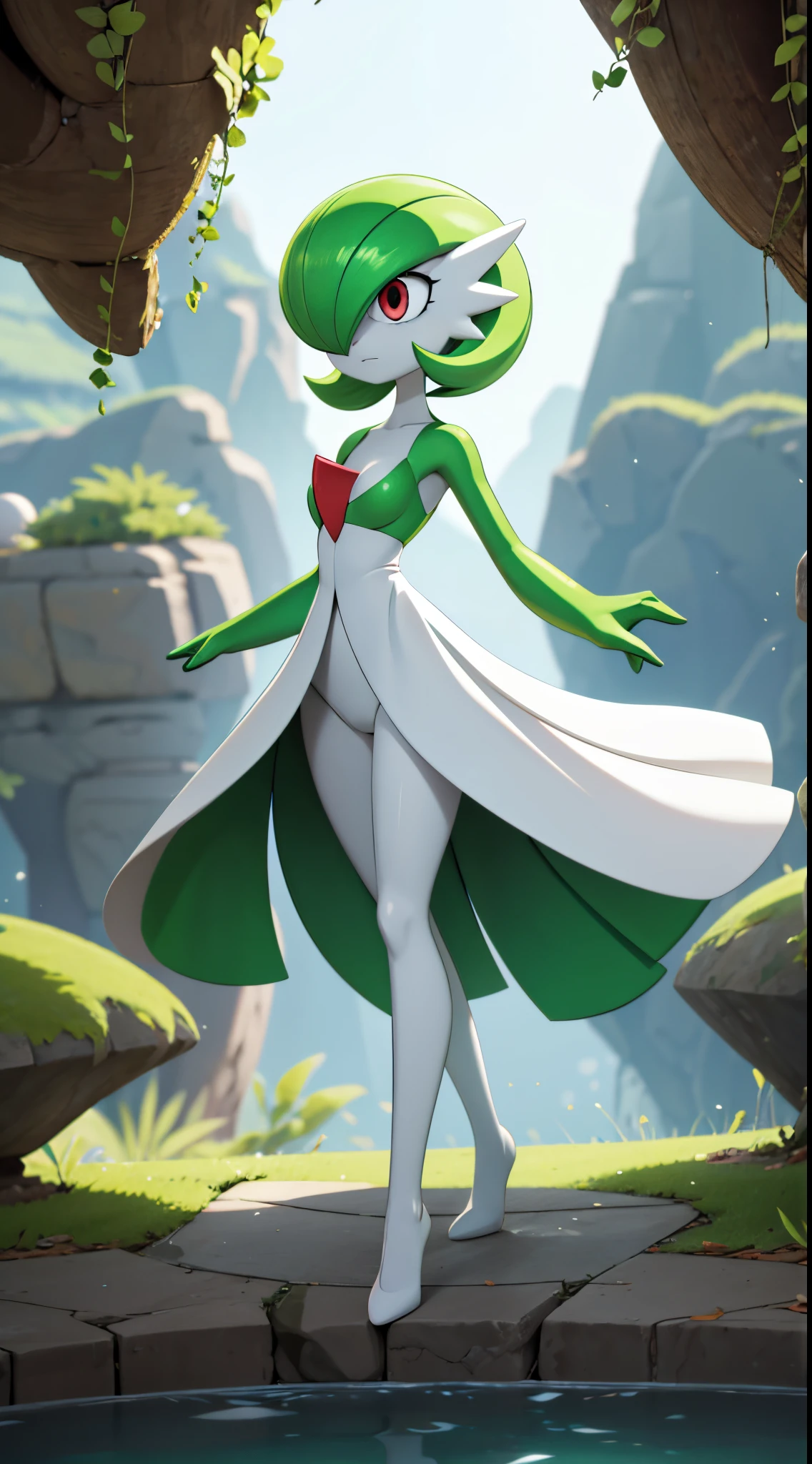 1girl, solo, gardevoir, creatures \(company\), game freak, nintendo, pokemon, pokemon \(game\), bangs, colored skin, female focus, gen 3 pokemon, green hair, green skin, hair over one eye, multicolored skin, pokemon \(creature\), red eyes, short hair, two-tone skin, white skin, at home, empty eyes, dull eyes, blank eyes, blank expression, hypnotized, dazed, blank, enthralled,