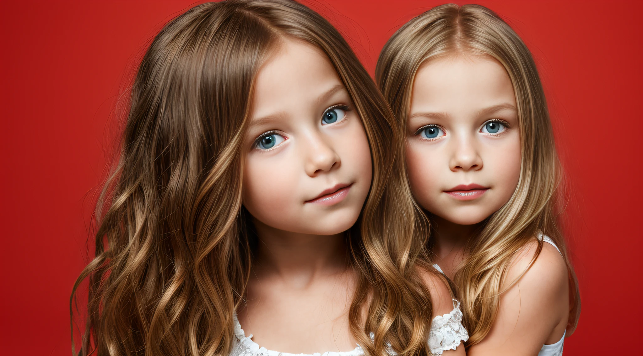 HALO NO LASER, CHILD GIRL BLONDE LONG HAIR, fundo vermelho,