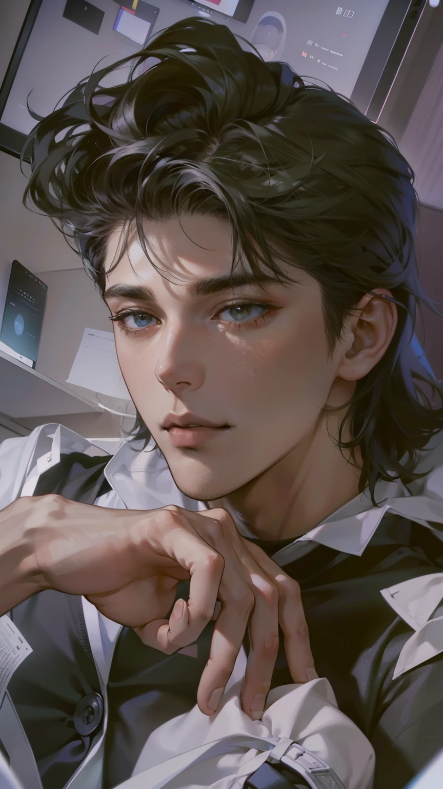 tmasterpiece,high high quality,Best quality at best,k hd,realisticlying,perfect litthing,Detailed body,1 man,with short black hair,Black shirt,calm expression,Facing the computer monitor,Being in the room