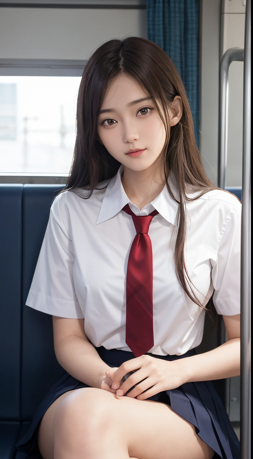 (masutepiece, Best Quality:1.2), 8K, 18year old, 85 mm, Official art, Raw photo, absurderes, White dress shirts, Pretty Face, close up, Upper body, violaceaess, gardeniass, Beautiful Girl, School uniform, (Navy pleated skirt:1.1), Cinch West, thighs thighs thighs thighs, Short sleeve, on train, Sit on a bench seat, Looking at Viewer, No makeup, (Smile:0.4), Film grain, chromatic abberation, Sharp Focus, face lights, clear lighting, Teen, Detailed face, Bokeh background, (dark red necktie:1.1)、Colossal 