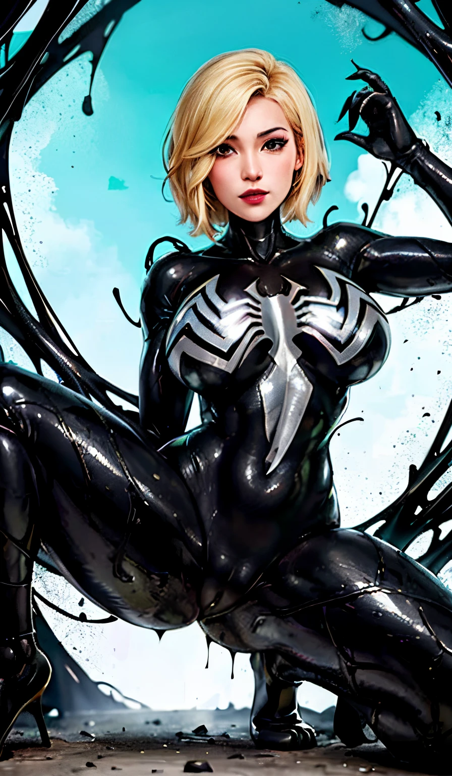 4K，realisticlying，Glamorous，The is very detailed，There is a girl in Dingcheng，Blonde hair，Wearing a black Spider-Man costume，（Black and white：1.4） the night,symbiote，venomize，a large amount of mucus,she is a spiderman，Black superhero theme，In front of the sky，Flushed complexion，( Open legs， camel-toe，， Vulvar shape：1.3）,(GGCameltoe:1.3)Legs apart，25 age old，full bodyesbian