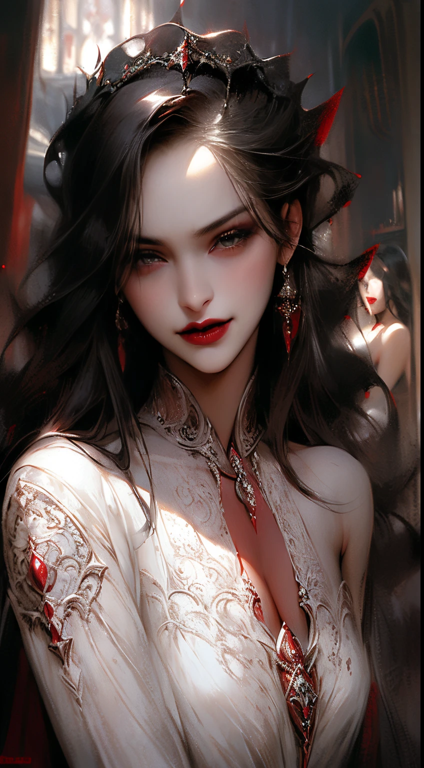 estilo anime, Noite, mulher adulta madura nua frontal,  condessa, she has an evil appearance, red lips, dente como vampiros, longos cabelos ruivos, olhos vermelhos,  naked naked nudityColonial furniture, large colonial hall with stairs, janela e lua