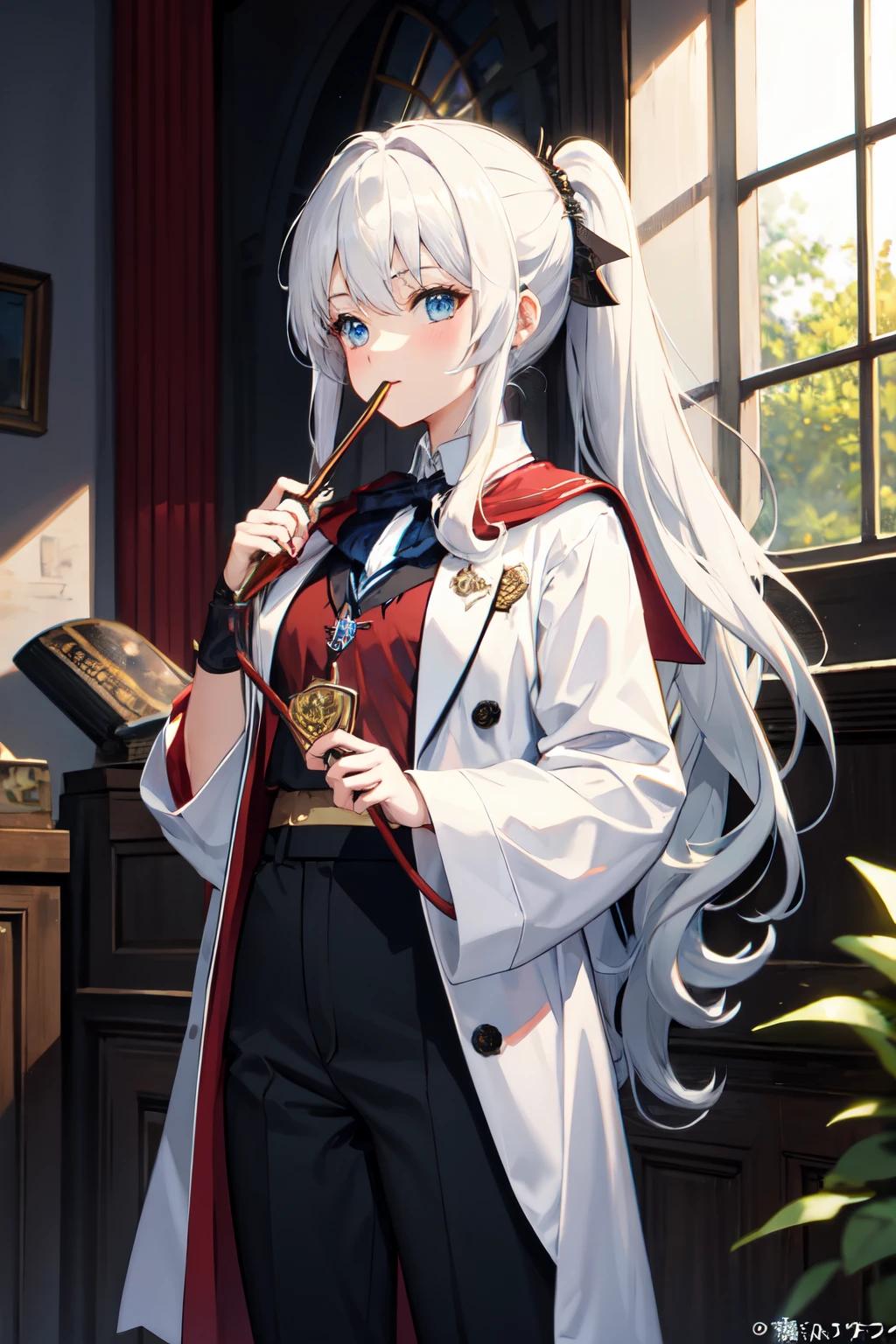 long white hair　poneyTail　Blue eyes　Tall　Cool girls　Crisp face　Harry Potter　magia　校服　trouser　Hogwarts　Gryffindor