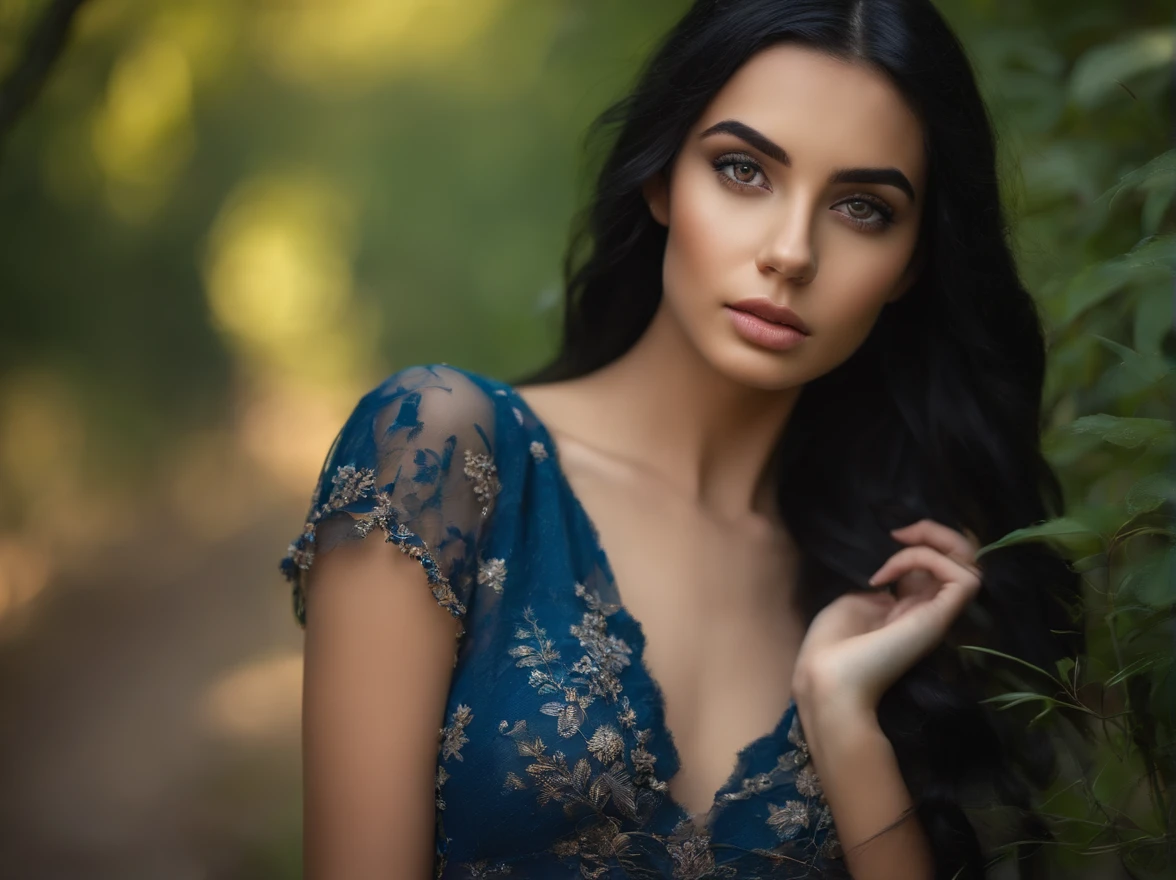 girl model 19 years old with black hair with a beautiful figure in nature