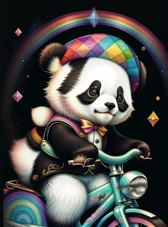 (cute baby panda with a beret ridding a bike and rainbows), Munchkin ,Geometric multidimensional wall portrait, livro de arte, Tchibi,
Yang08k, Beautiful, Colouring,
Obras, of the highest quality, best quality, Arte Oficial, Beautiful and Aesthetic,