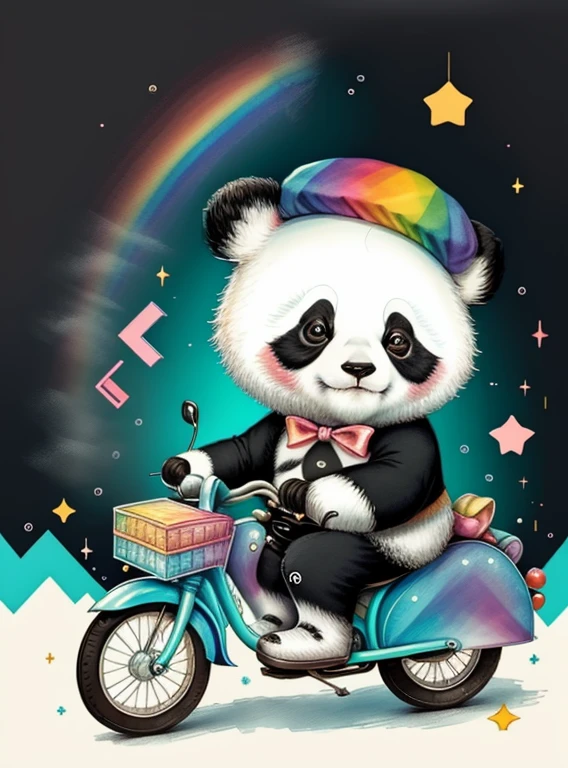 (cute baby panda with a beret ridding a bike and rainbows), Munchkin ,Geometric multidimensional wall portrait, livro de arte, Tchibi,
Yang08k, Beautiful, Colouring,
Obras, of the highest quality, best quality, Arte Oficial, Beautiful and Aesthetic,