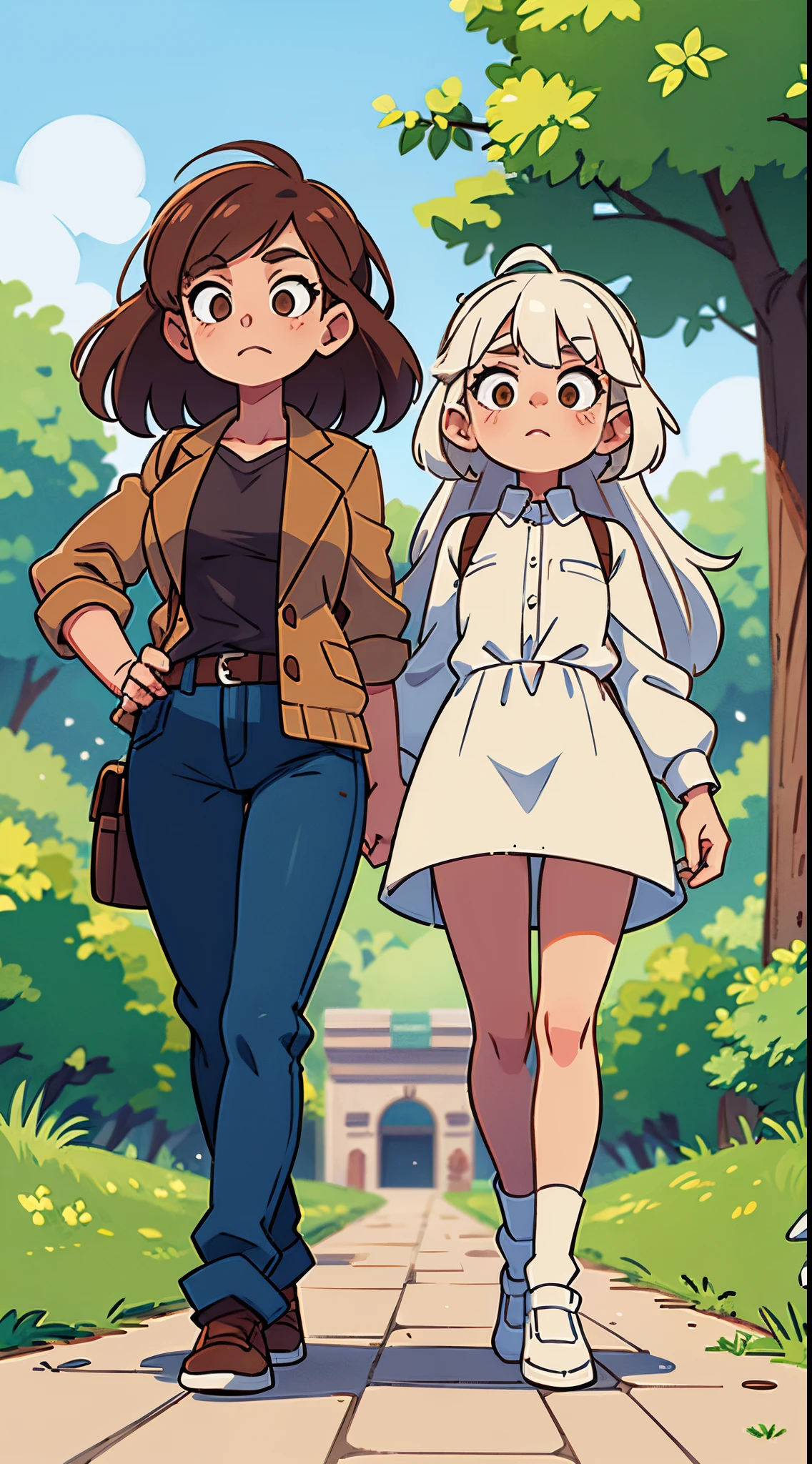 White haired female with a brown haired woman , walking in a park, long hair