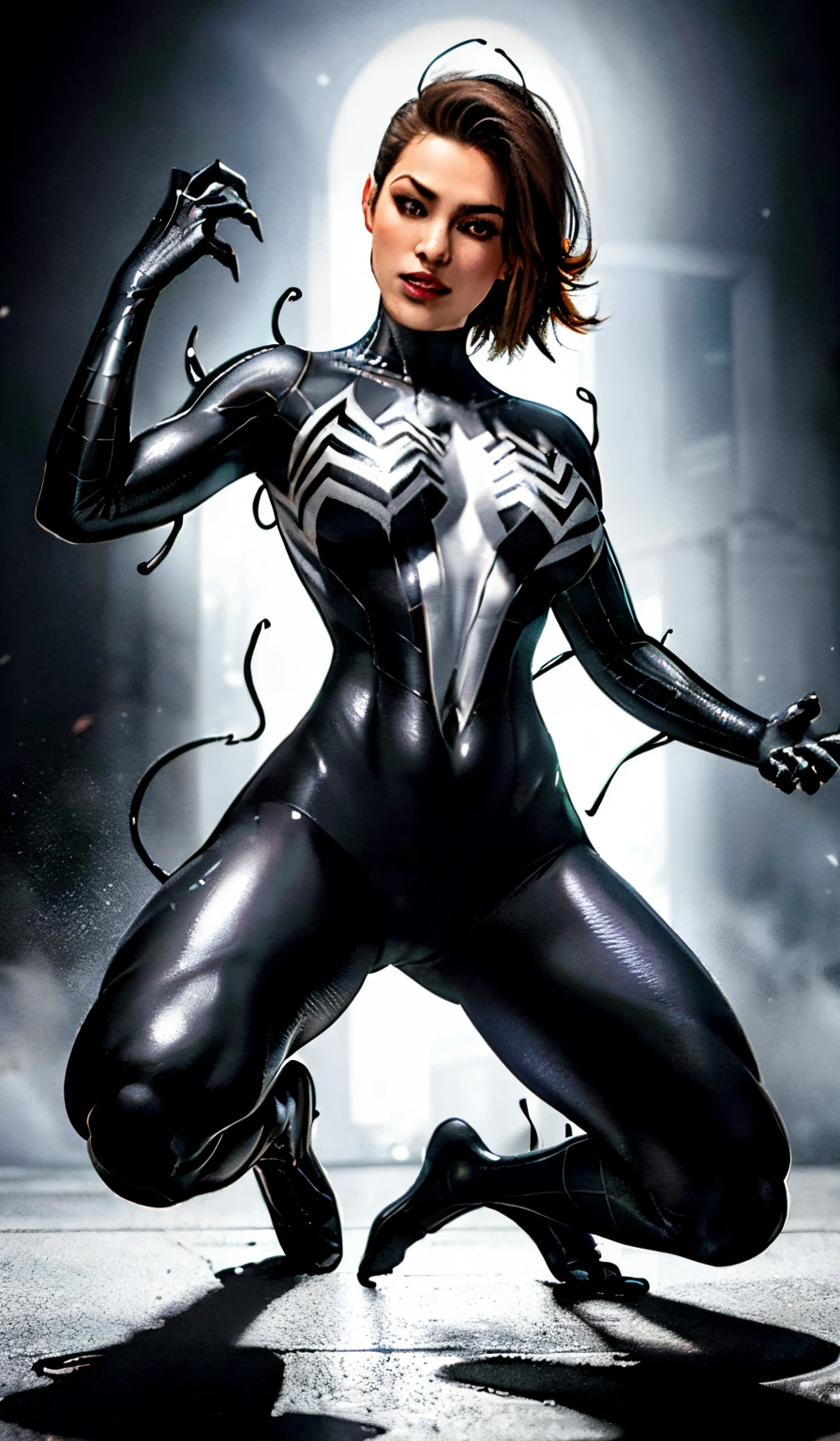 4K，realisticlying，Glamorous，The is very detailed，There is a girl in Dingcheng，Wearing a black Spider-Man costume，（Black and white：1.4） the night,symbiote，venomize，a large amount of mucus,she is a spiderman，Black superhero theme，In front of the sky，Flushed complexion，( Open legs， camel-toe，Vulvar shape：1.3）(GGCameltoe:1.3)Legs apart，25 age old，full bodyesbian