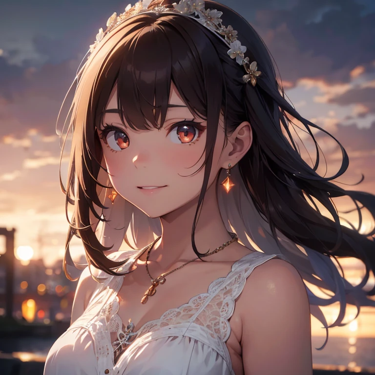 Best quality, masterpiece, high resolution, 1girl, beautiful face, hair accessories, looking at the audience, smiling, close your mouth, lips, dress, hair accessories, necklaces, jewelry, long hair, earrings, beautiful face, on the body, Tindal effect, realism, dark studio, edge lighting, two-tone lighting, (high detail skin: 1.2), 8k UHD, DSLR, soft light, high quality, volumetric lighting, photo, high resolution 4K, 8k, blurred background, dark orange eyes, dark brown hair.