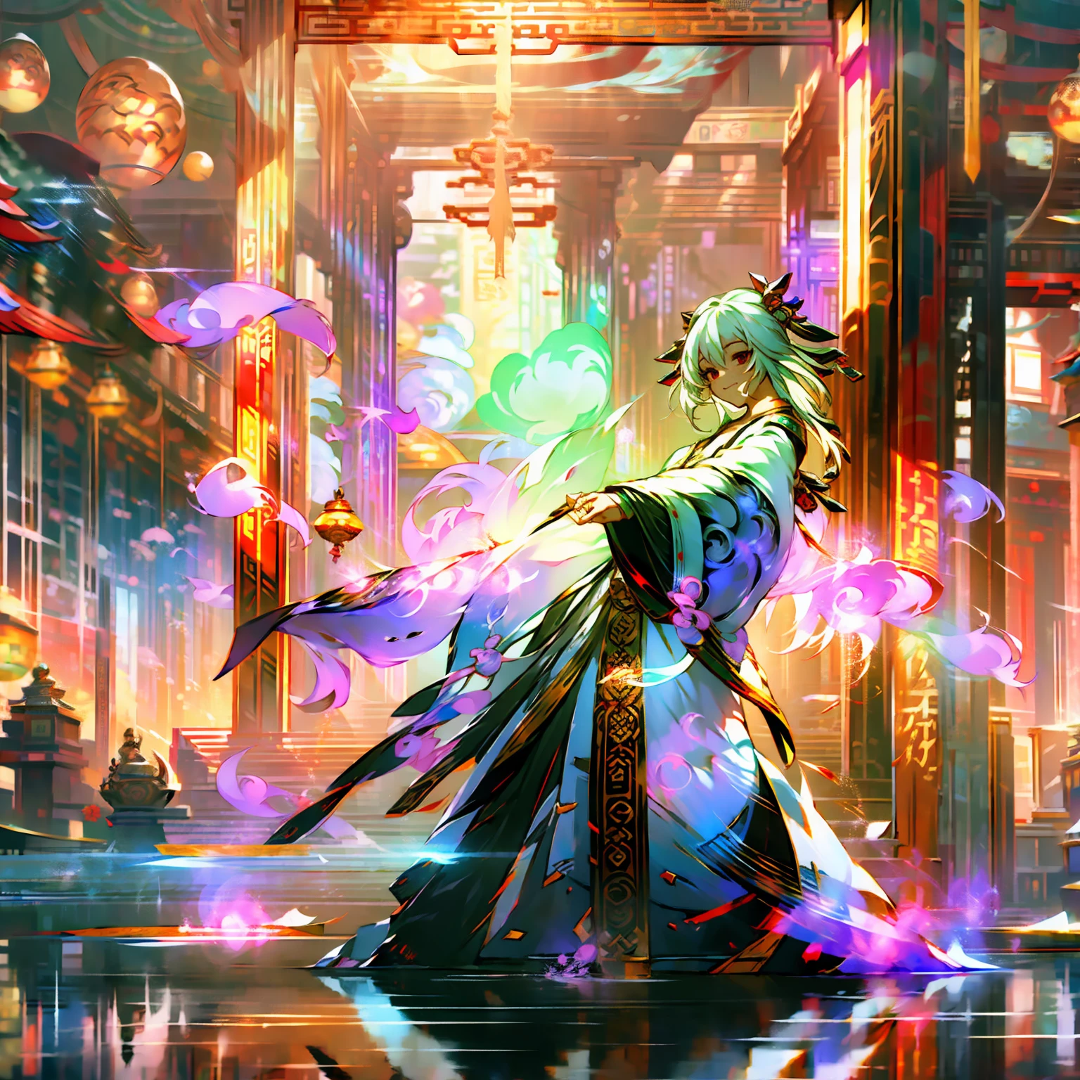 masterpiece, best quality, 1girl, solo, long hair, looking at viewer, smile, bangs, hair ornament, red eyes, long sleeves, dress, standing, collarbone, white hair, grey hair, alternate costume, wide sleeves, tree, chinese clothes, hairpin, hanfu, ningguang (genshin impact), Ningguang, good, fingers, perfect fingers, fingers in order, thumb, index finger, middle finger, ring finger, little finger, best lights, best shadows, perfect lights, perfect shadows, best face, perfect face, seductive face, seductive body, perfect arms, perfect legs, perfect pose, best angle, seductive pose, two legs, two arms, perfect hands, perfect handsnaps