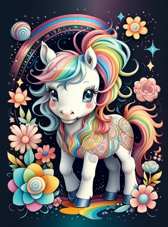 (cute baby pony with a rainbows and flowers), Munchkin ,Geometric multidimensional wall portrait, livro de arte, Tchibi,
Yang08k, Beautiful, Colouring,
Obras, of the highest quality, best quality, Arte Oficial, Beautiful and Aesthetic,