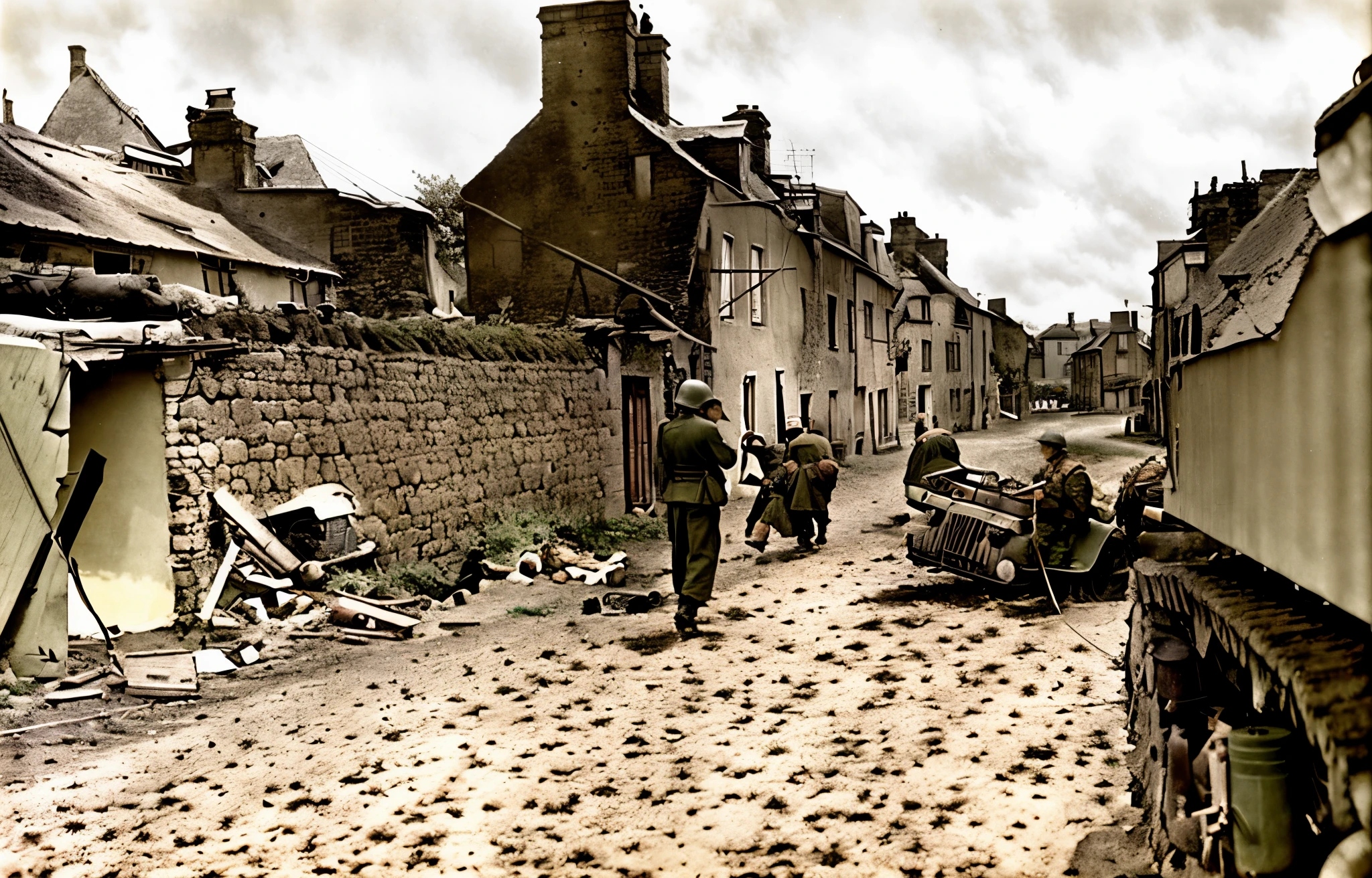 soldiers walking down a street in a village with old cars, ww2 normandy foy arnhem 1944, ww 2 normandy foy arnhem 1 9 4 4, ww 2 historical photography, ww2 historical photography, normandy, by Robert Brackman, post - war scenery, colourised, award winning colorized photo, colourized, ww2 photo