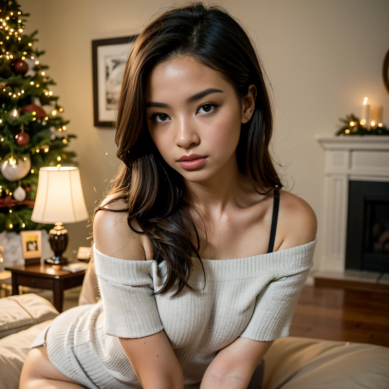 1 woman, 24 years old, named Kimmie Miso, Wearing off-the-shoulder clothing, warm clothes, celebrate christmas eve. With eyes of beautiful detail, Beautiful detailed lips, extra detailed face, and long eyelashes. This scene depicts a cozy indoor environment, Decorated with colorful ornaments and twinkling lights、brightly decorated christmas tree. the girl is sitting by the fireplace, enjoy the warmth, The room is warm, Golden light, Casts soft shadows on furniture and walls。. The colors of the artwork are vibrant and festive, mixed red, Green, and gold. The overall image quality is (Best Quality, 4K, 8K, hight resolution, masutepiece:1.2), Ultra-detailed, And (Realistic, Photorealistic, Photorealsitic:1.37), Studio Lighting, Sharp Focus, etc., Capture all the intricate details, from the girls&#39; From clothes and accessories to delicate Christmas tree decorations... This is a work that exudes fun.., Innocence, and expectations, perfectly captures the spirit of Christmas Eve, thighs, sexy pose,