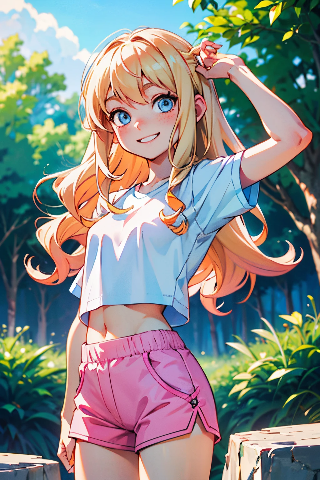 (best-quality:0.8), (best-quality:0.8), pale skin, long blonde hair, curly hair, light blue eyes, feminine, freckles, petite, outdoors, pink yoga shorts, white tshirt, smiling