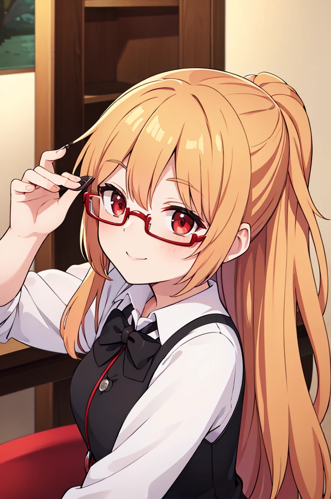 ((masutepiece)),(((Highest Quality))),(Pay attention to the attractive expression),The upper part of the body,Overhead view,One lady,long light golden hair,red eyes,Black glasses,Hold your glasses,a smile,white shirt