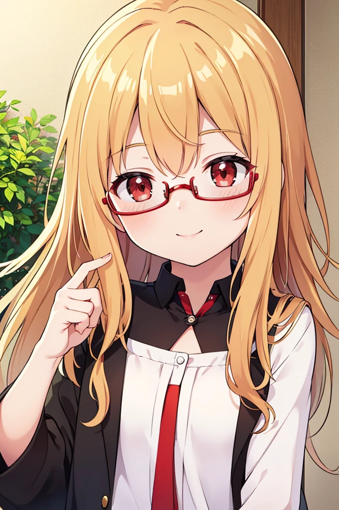 ((masutepiece))，(((Highest Quality)))，(Pay attention to the attractive expression)，The upper part of the body，Overhead view，One lady，long light golden hair，red eyes，Black glasses，Hold your glasses，a smile，white  shirt