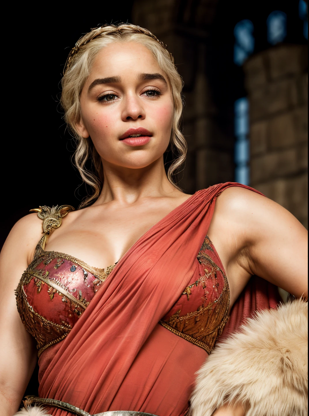 DAENERYS TARGARYEN, Gladiator dress, Full body shot,Mediaeval epic Battlefield background,erotic warrior costume, heroic looks, soft key light, detailed hairy armpits, victory pose, blood in sword,Standing bravely after battle,battle movie scene,cinematic colour grading,blood stains in dress,fought the battle dominantly, DAENERYS TARGARYEN PLAYED BY Emilia Clarke,Queen DAENERYS TARGARYEN,mature,milf, sexy mediaeval battle dress,gladiator woman,body,45 yo Woman,perky breast,alluring figure,big natural breast,mediaeval costumes,mediaeval queen dress,erotic costumes,lusty physique,((detailed face)), ((detailed facial features)),(finely detailed skin), pale skin,(in a highly detailed sexy mediaeval dress,soft natural light, (masterpiece) (perfect aspect ratio), (realistic photo), (best quality), (detailed) photographed on a Canon EOS R5, 50mm lens, F/2.8, HDR, (8k) (wallpaper) (cinematic lighting) (dramatic lighting) (sharp focus) (intricate), RAW photo, RAW photo, gigachad photo,8k uhd, dslr, high quality, film grain, Fujifilm XT3, extremely detailed,photorealistic, realistic,incredibly absurd, highly detailed, sharp focus,(Professional Studio Lighting),(Professional Color Grading), Edge Lighting,Dramatic lighting,Cinematic lighting,Lumen reflections, Soft natural lighting, Soft color, Photon mapping, Radiosity, (Beautiful eyes), (Detailed eyes),  (Detailed face), symmetrical eyes, sharp eyes, cold face, full body), (HIGH LEVEL OF DETAIL), (sweaty),large breasts, high detailed skin, uncharacterized texture, hyper detailed, realistic skin texture, armor, best quality, ultra high res, (photorealistic: 1.4) high resolution, detailed, raw photo, sharp re, by lee jeffries nikon d850 film stock photography 4 kodak portra 400 camera  F1.6 Lens rich colors hyper realistic texture dramatic lighting UnrealEngine trend in Artstation Cinestill 800, veins in the body, (body and fitness), perfect eyes, detailed eyes, detailed skin,