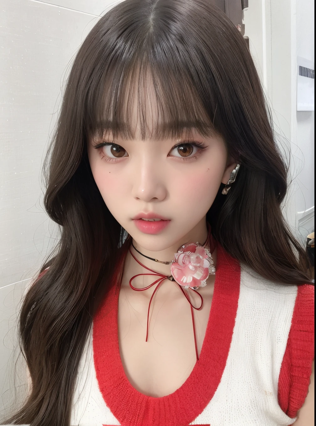 a close up of a woman with long hair wearing a red and white top, ulzzang, lalisa manobal, lalisa manoban of blackpink, wan adorable korean face, popular south korean makeup, with bangs, jinyoung shin, popular korean makeup, with cute - fine - face, neat hair with bangs, young adorable korean face, with full bangs