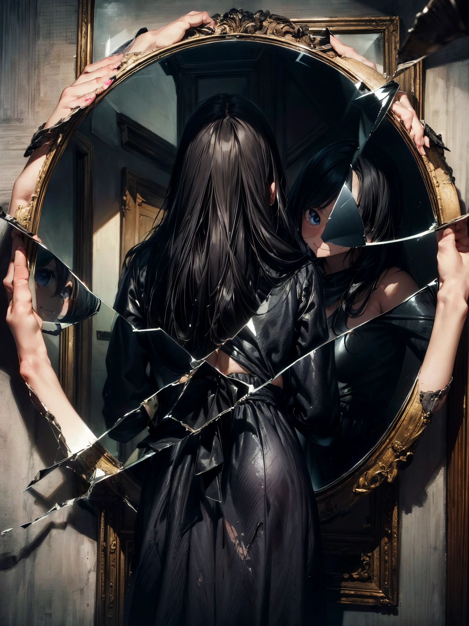 (Back view of a girl in front of a broken mirror with a large crack:1.5), (eye contact with a girl through the mirror:1.5), unpleasant smile, creepy anime image, endless nightmare, painting by Andrew Wyeth, painting by Vilhelm Hammershøi.