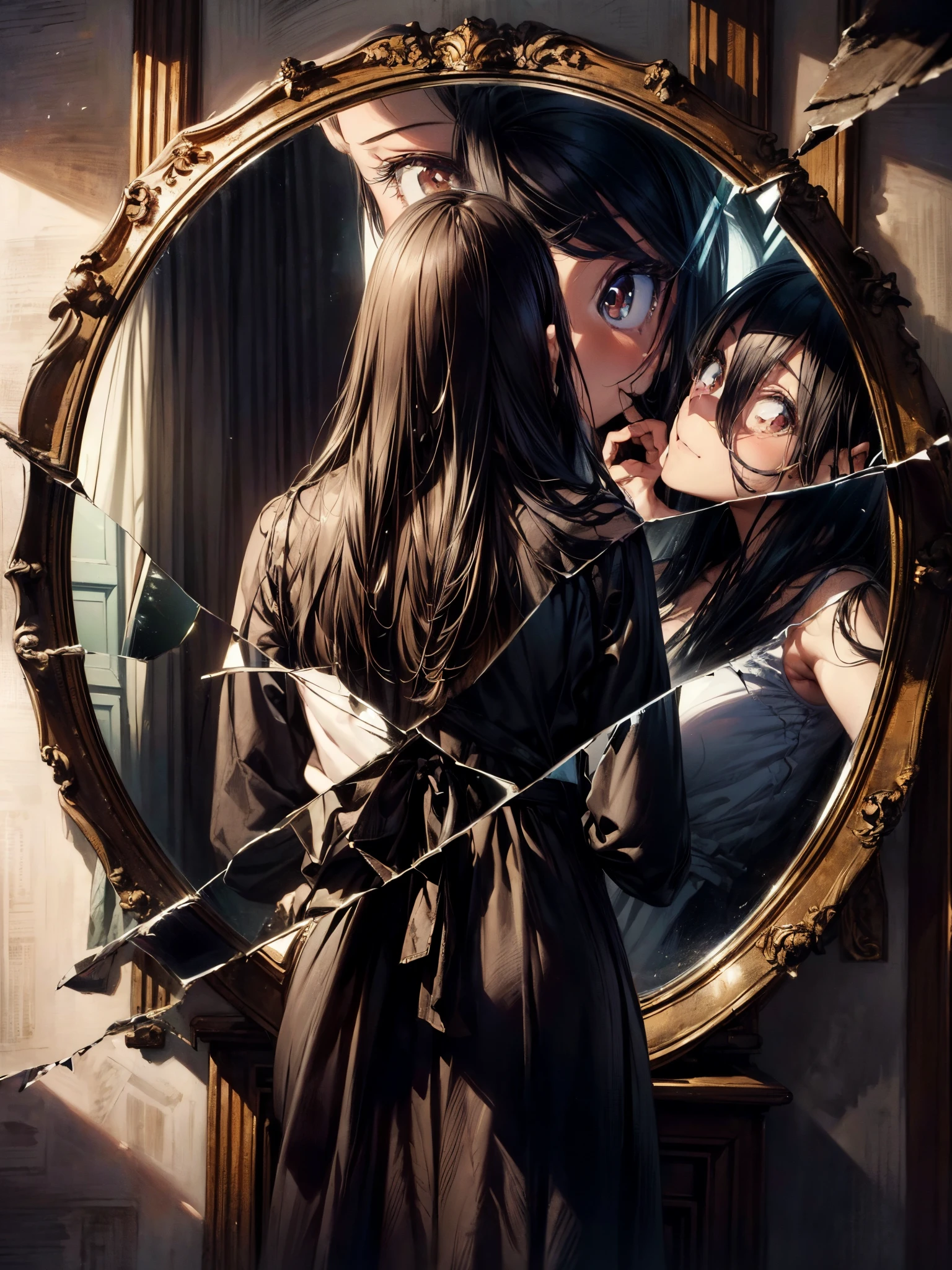 （Back view of a girl in front of a broken mirror with a large crack:1.5), (eye contact with a girl through the mirror:1.5), unpleasant smile, creepy anime image, endless nightmare, painting by Andrew Wyeth, painting by Vilhelm Hammershøi.