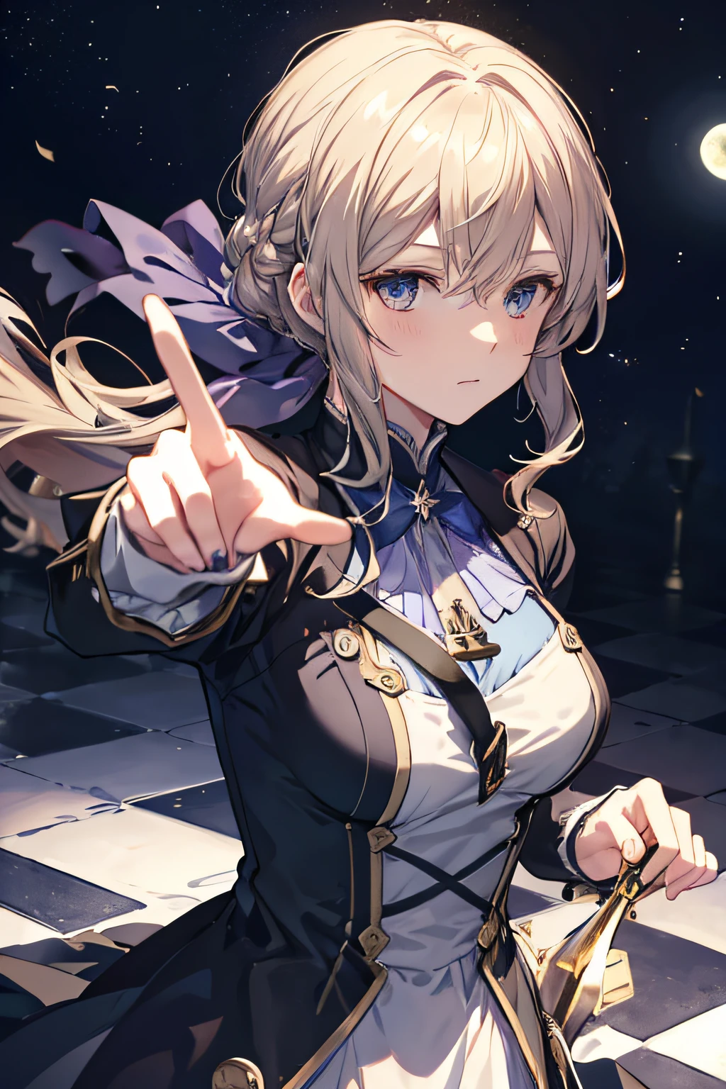 Violet Evergarden stands on a chessboard with pieces and points her hand to the moon..