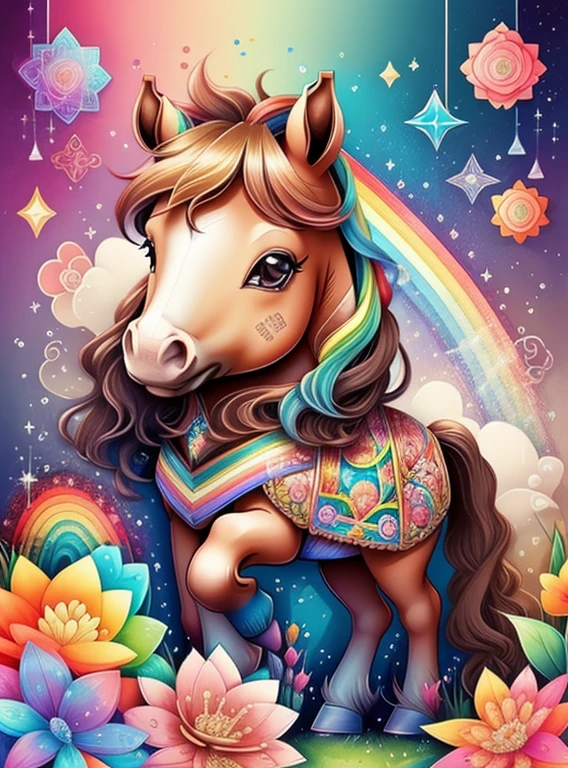 (cute brown baby pony with a rainbows and flowers), Munchkin ,Geometric multidimensional wall portrait, livro de arte, Tchibi,
Yang08k, Beautiful, Colouring,
Obras, of the highest quality, best quality, Arte Oficial, Beautiful and Aesthetic,