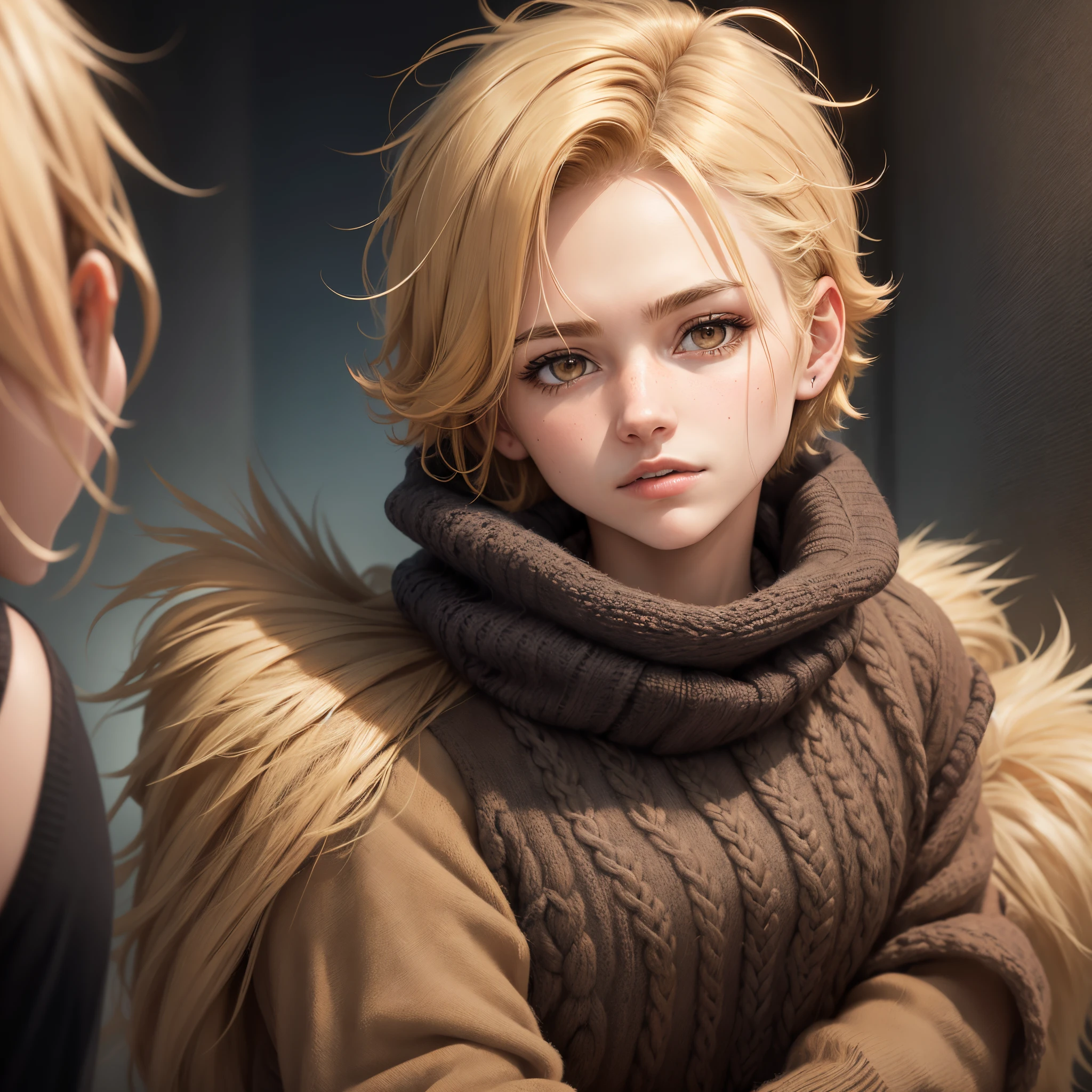 Illustrated image of a single adult female (about 19) with with short ,masculine, fluffy golden-blonde tomboyish masculine hair, messy and flowy hair, Brown eyes, black sweater, post apocalyptic themed, one person image,, ((very Short masculine hair)) one person image, Generate an image with a single person,