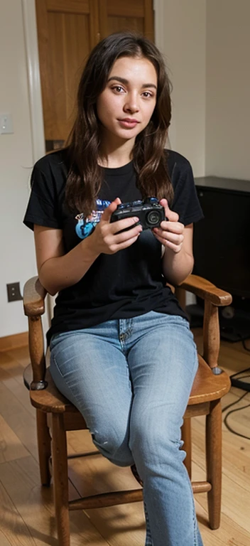 Create a boy with very short black hair, topless androgynous face and body with large woman&#39;s breasts wearing jeans and white sneakers sitting in a black armchair playing video games 