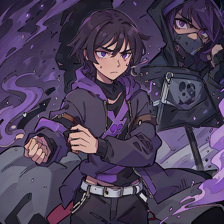 Boy, 17, purple hoodie, black pants, brown middle parted hair, smoke, toxic smoke, plague doctor, purple eyes, angry, masculine, anime,
