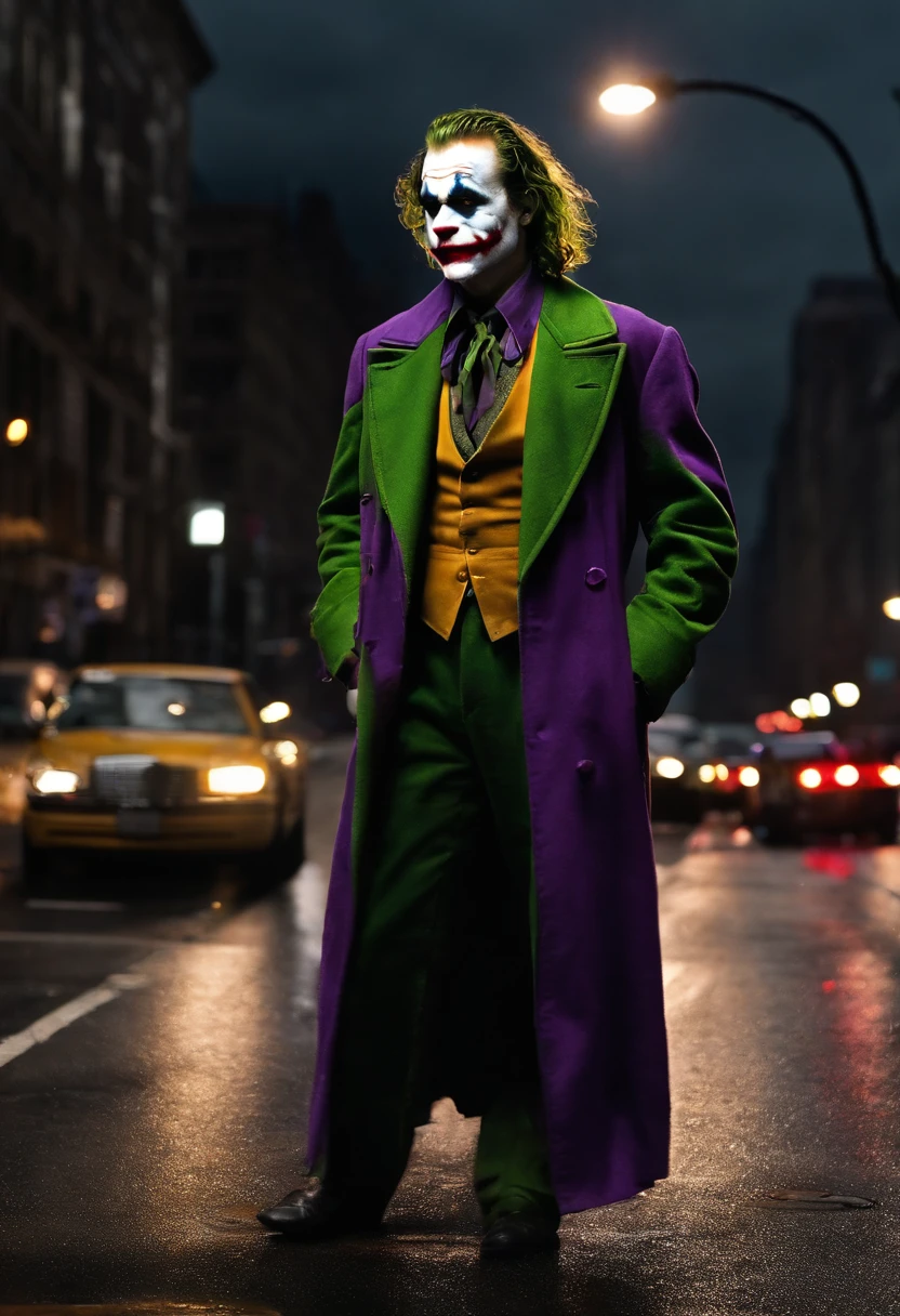 A photo of the Joker holding a remote control, standing next to a row of malfunctioning traffic lights, causing chaos in the streets,The Dark Knight,Heath Ledger’s portrayal of the Joker in “The Dark Knight” is marked by his disheveled, greasy hair, smudged clown makeup, and a chilling, scarred smile that gives him a menacing and unpredictable appearance. His attire, a mismatched suit with a ragged purple coat, adds to his chaotic and anarchistic persona., male